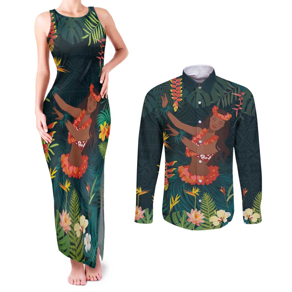 Hawaii Hula Girl Vintage Couples Matching Tank Maxi Dress and Long Sleeve Button Shirt Tropical Forest