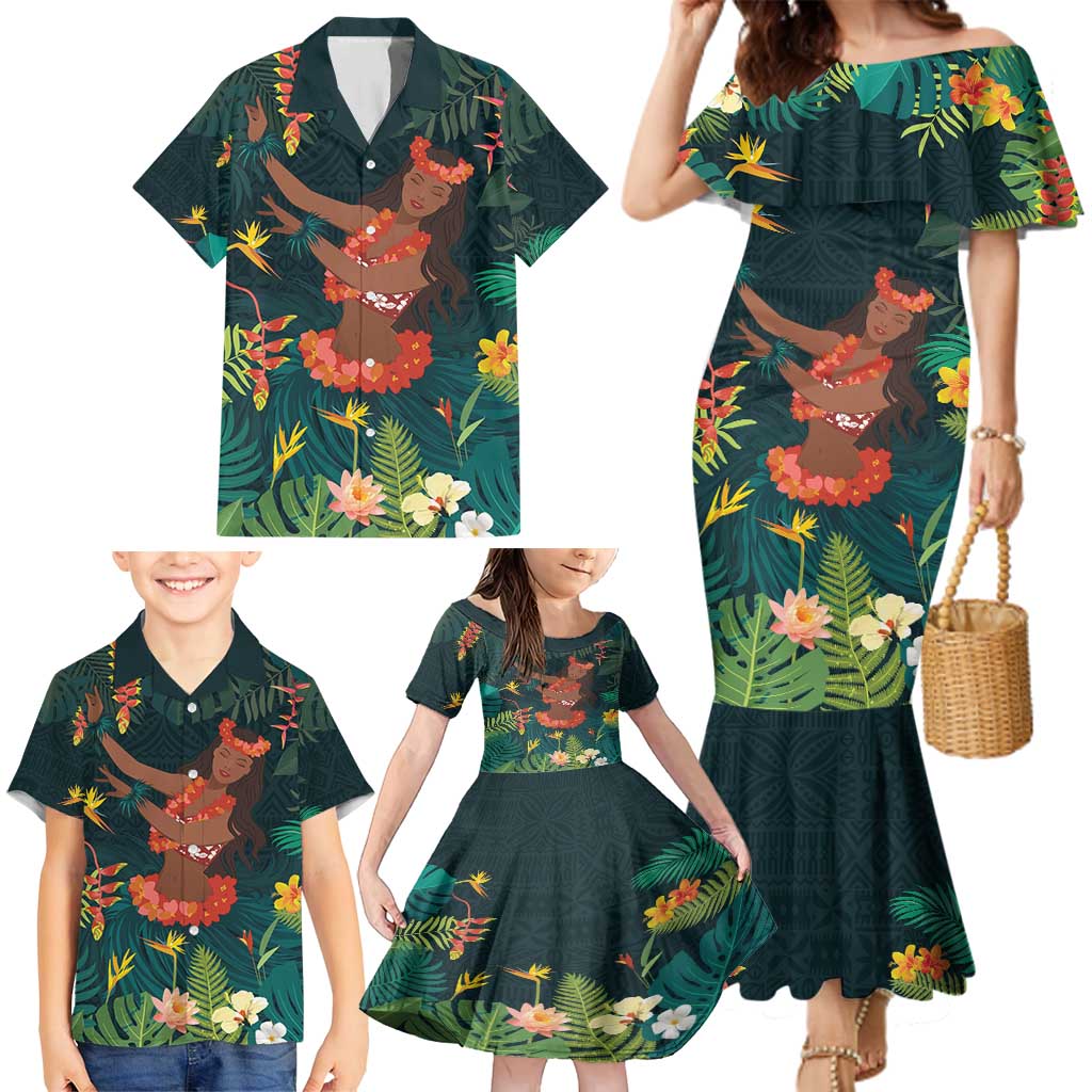 Hawaii Hula Girl Vintage Family Matching Mermaid Dress and Hawaiian Shirt Tropical Forest