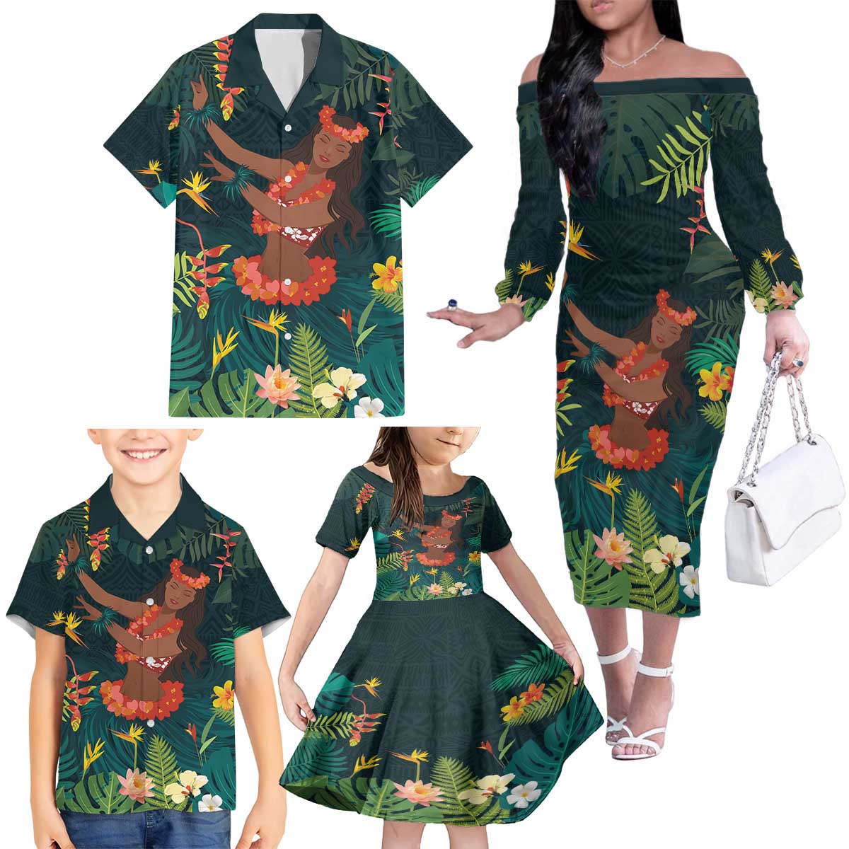 Hawaii Hula Girl Vintage Family Matching Off The Shoulder Long Sleeve Dress and Hawaiian Shirt Tropical Forest