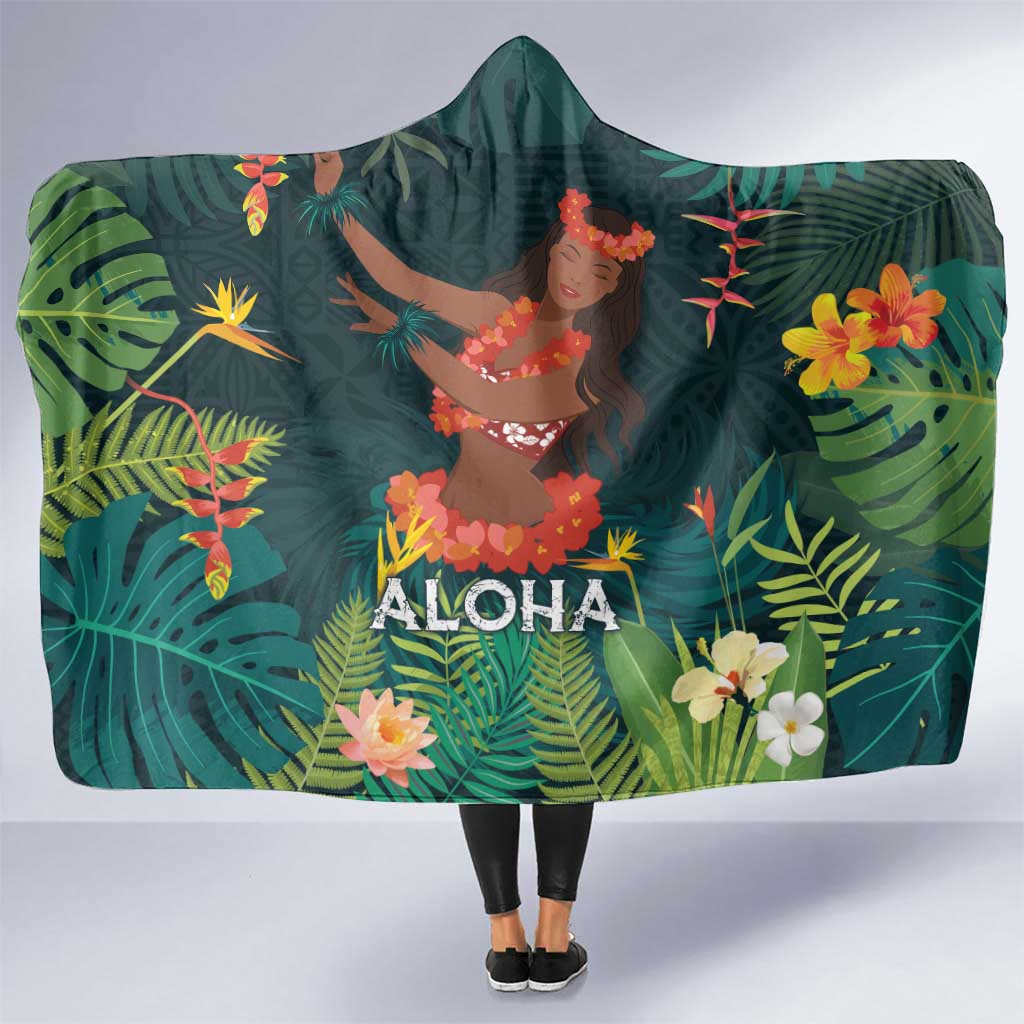 Hawaii Hula Girl Vintage Hooded Blanket Tropical Forest