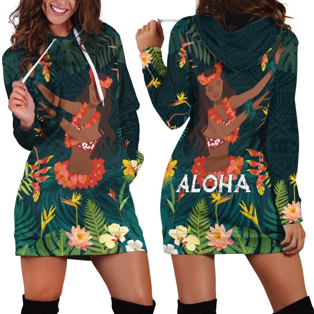 Hawaii Hula Girl Vintage Hoodie Dress Tropical Forest