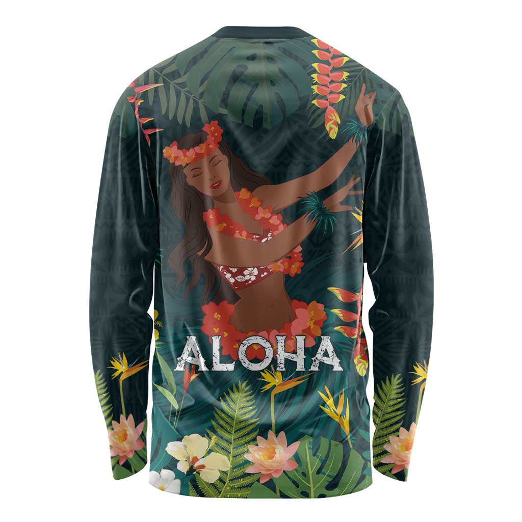 Hawaii Hula Girl Vintage Long Sleeve Shirt Tropical Forest