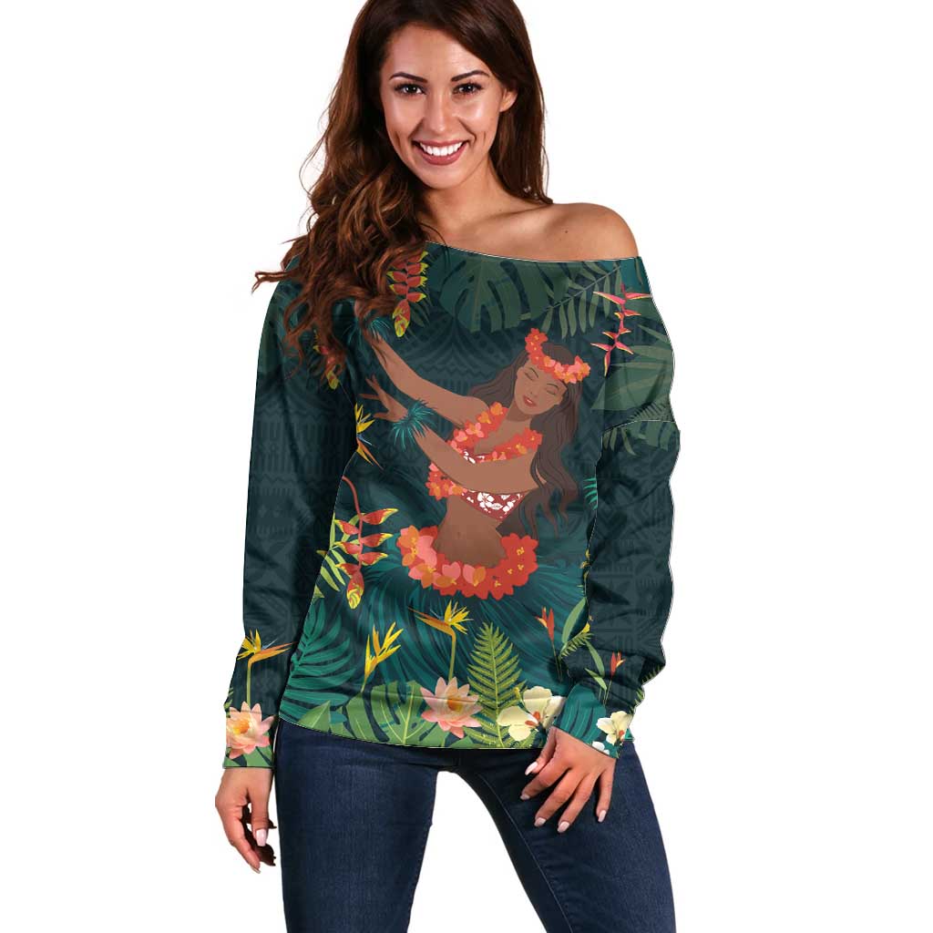 Hawaii Hula Girl Vintage Off Shoulder Sweater Tropical Forest