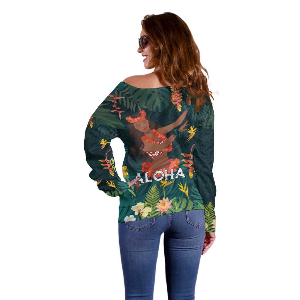 Hawaii Hula Girl Vintage Off Shoulder Sweater Tropical Forest LT7 - Polynesian Pride