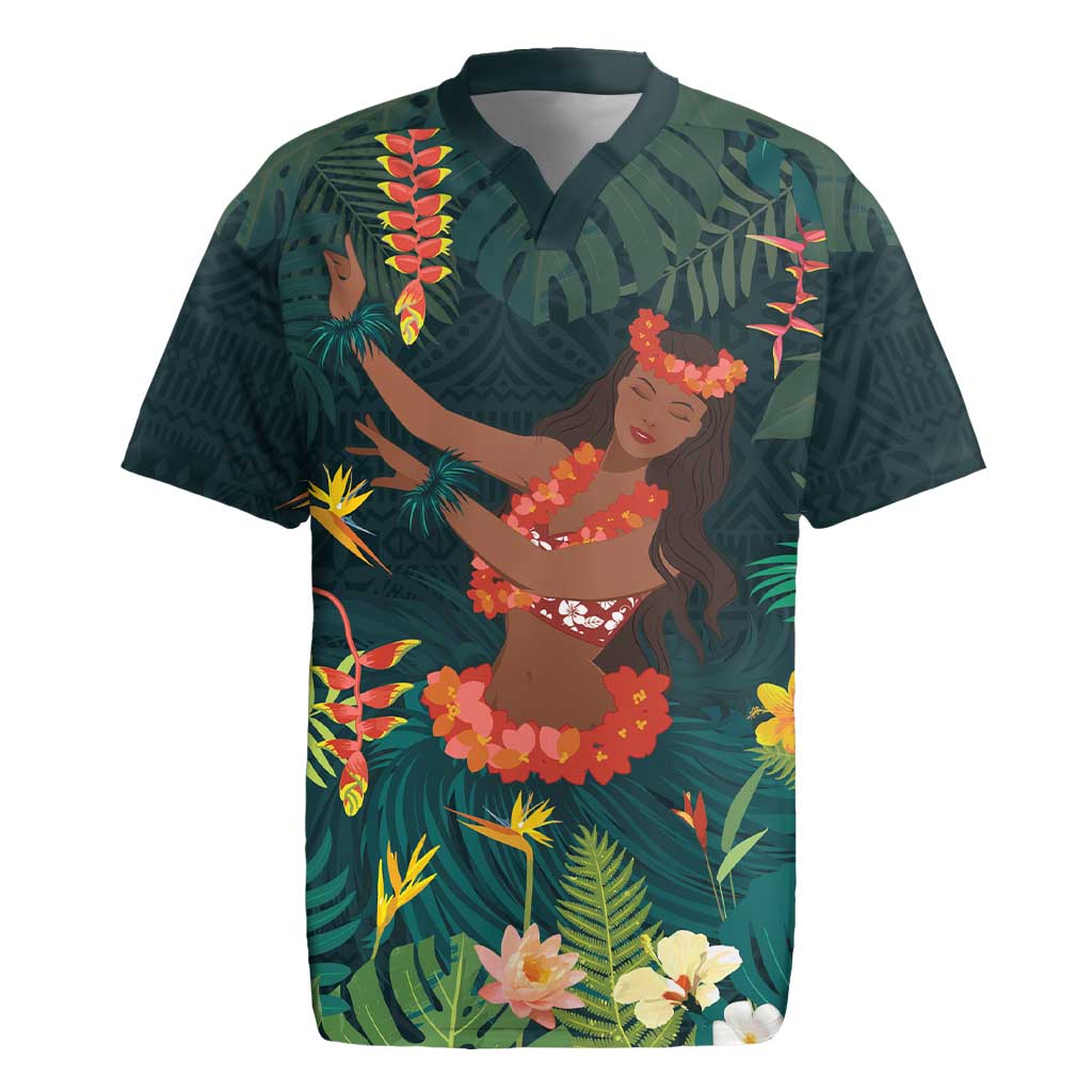 Hawaii Hula Girl Vintage Rugby Jersey Tropical Forest