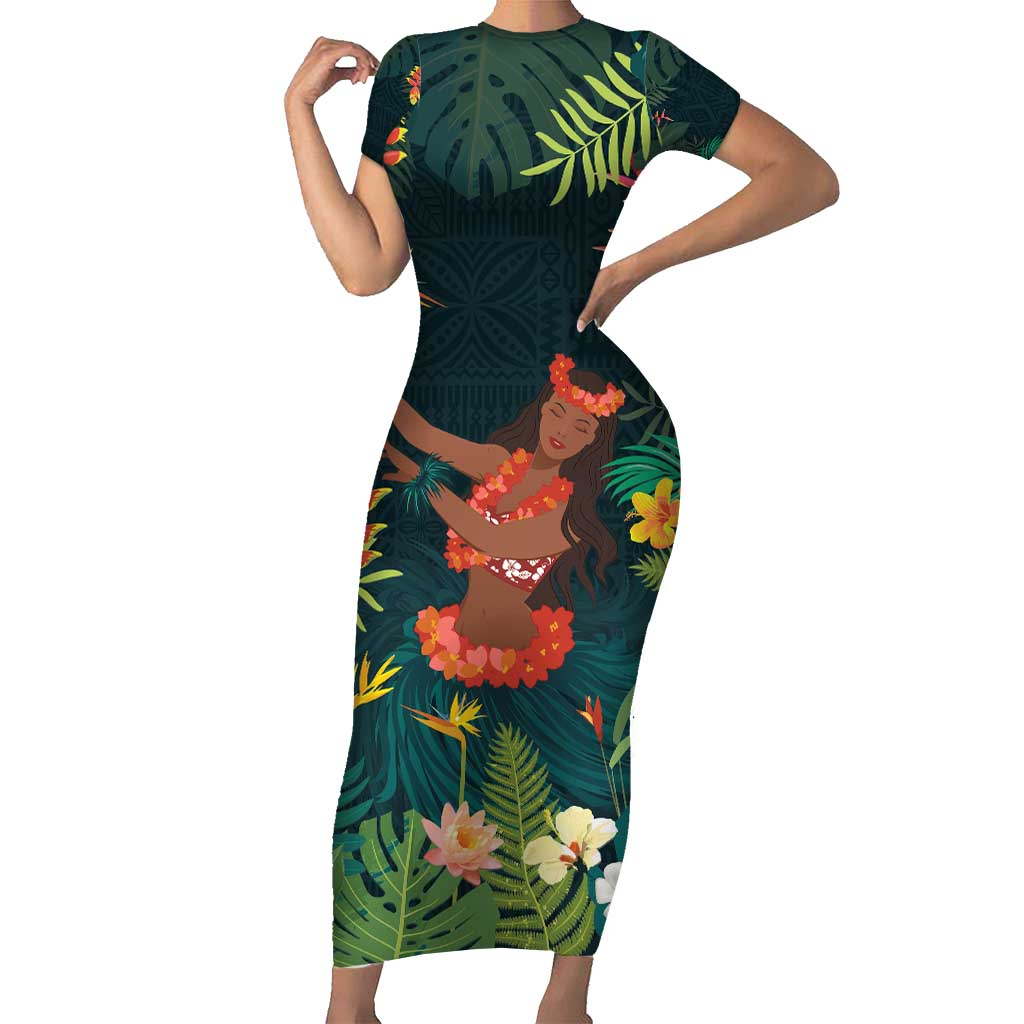 Hawaii Hula Girl Vintage Short Sleeve Bodycon Dress Tropical Forest