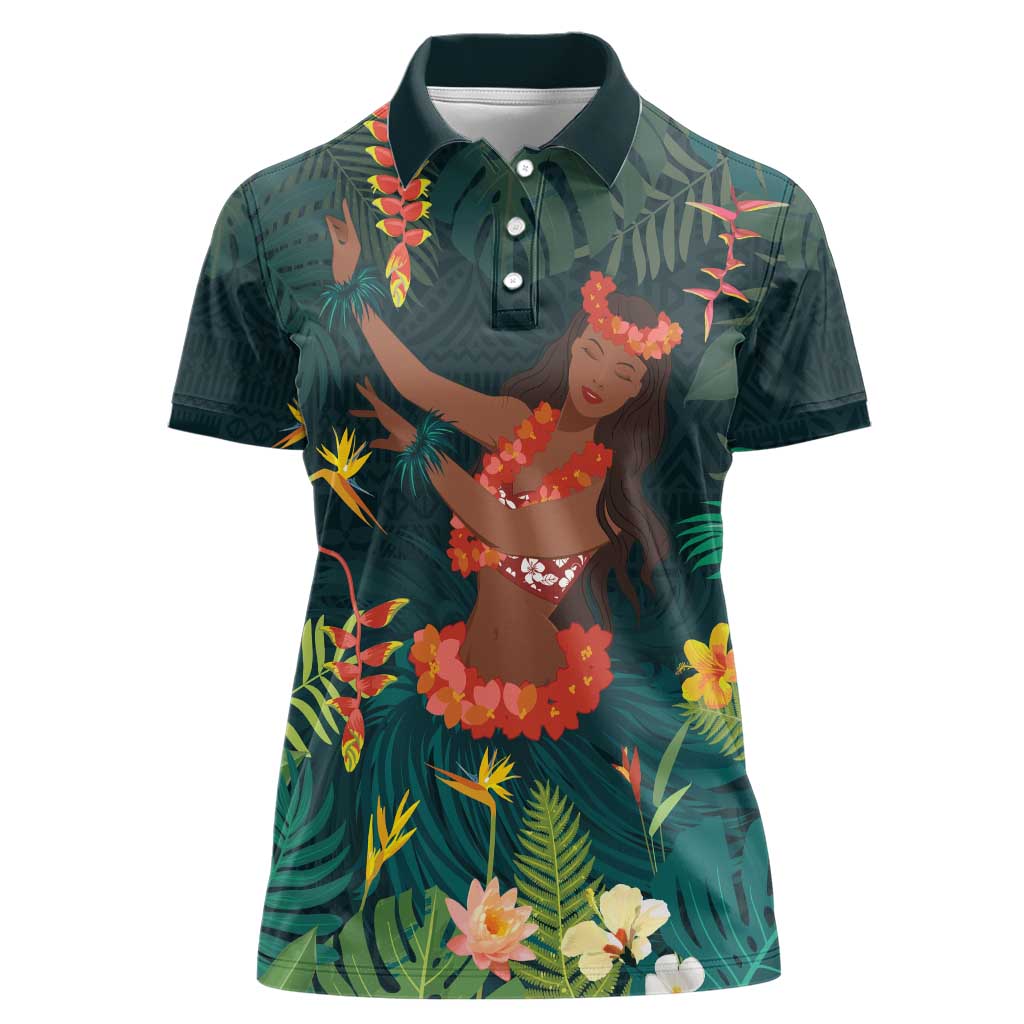 Hawaii Hula Girl Vintage Women Polo Shirt Tropical Forest