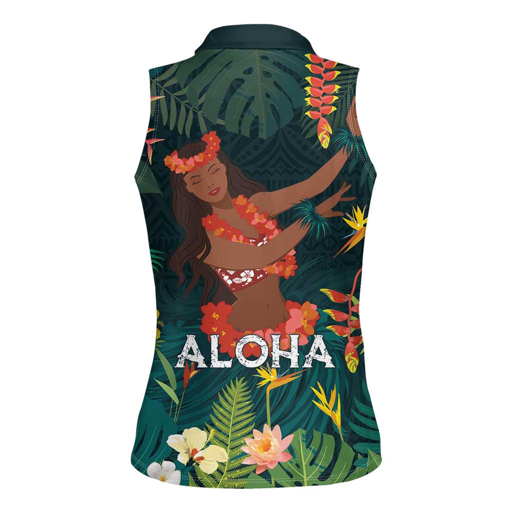 Hawaii Hula Girl Vintage Women Sleeveless Polo Shirt Tropical Forest