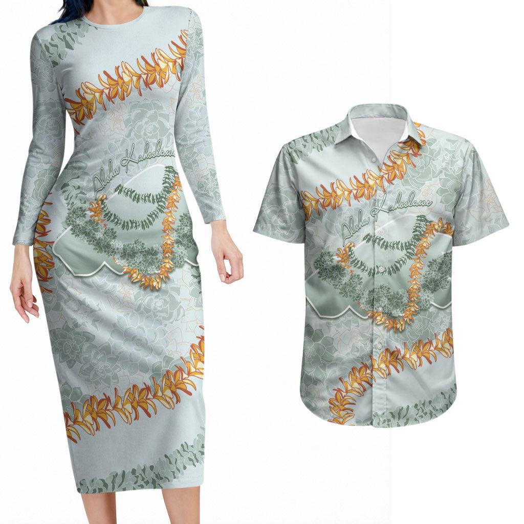 Hawaii Kaho'olawe Island Flowers Lei Couples Matching Long Sleeve Bodycon Dress and Hawaiian Shirt Silver Hinahina Kū Kahakai LT7 Silver - Polynesian Pride