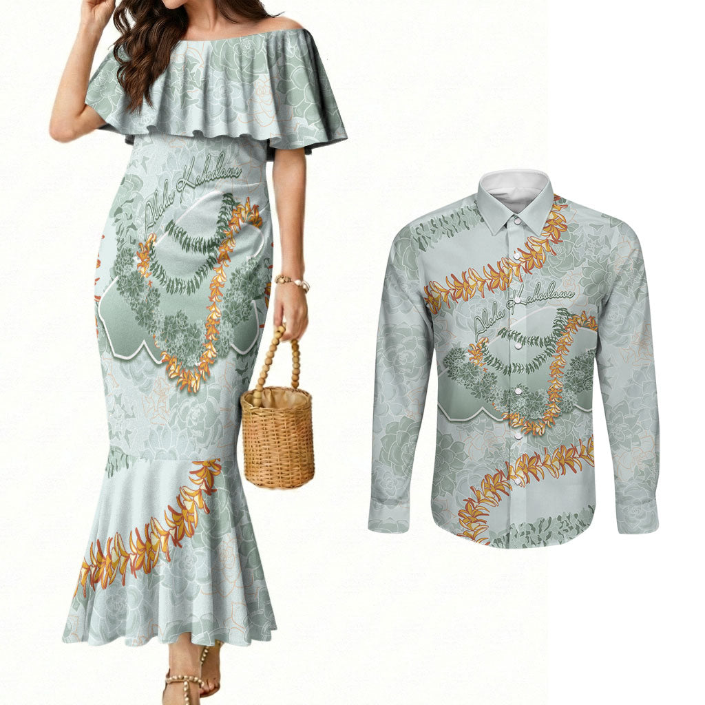 Hawaii Kaho'olawe Island Flowers Lei Couples Matching Mermaid Dress and Long Sleeve Button Shirt Silver Hinahina Kū Kahakai