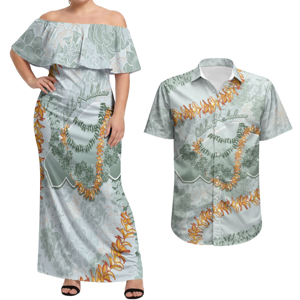 Hawaii Kaho'olawe Island Flowers Lei Couples Matching Off Shoulder Maxi Dress and Hawaiian Shirt Silver Hinahina Kū Kahakai LT7 Silver - Polynesian Pride