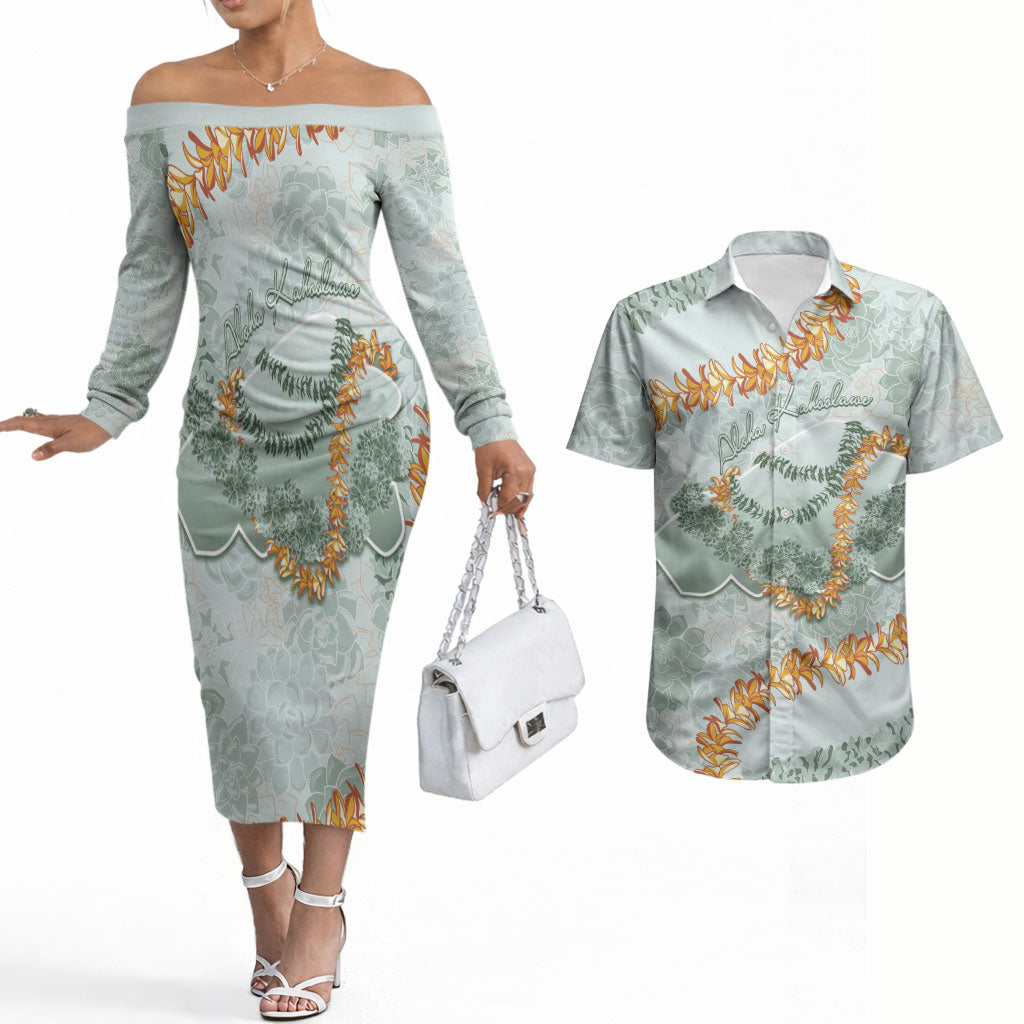 Hawaii Kaho'olawe Island Flowers Lei Couples Matching Off The Shoulder Long Sleeve Dress and Hawaiian Shirt Silver Hinahina Kū Kahakai LT7 Silver - Polynesian Pride