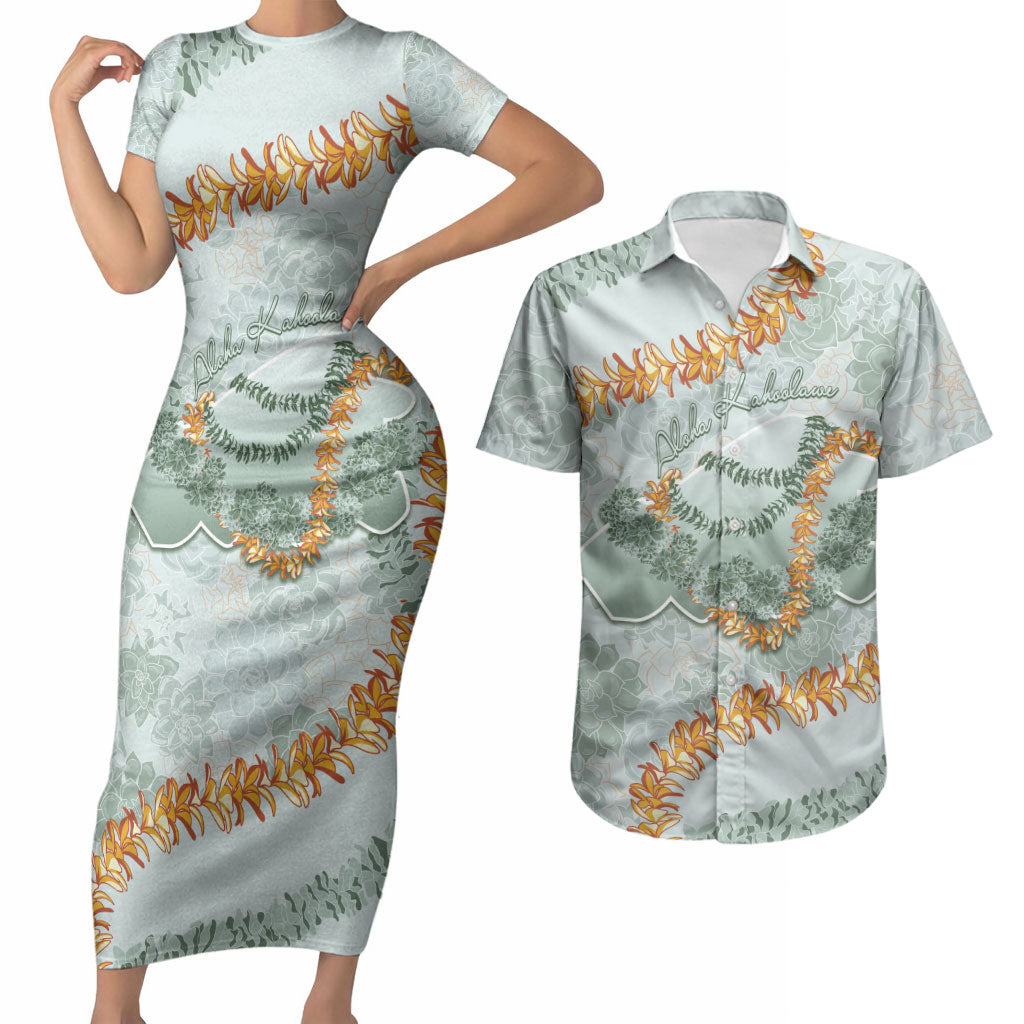 Hawaii Kaho'olawe Island Flowers Lei Couples Matching Short Sleeve Bodycon Dress and Hawaiian Shirt Silver Hinahina Kū Kahakai