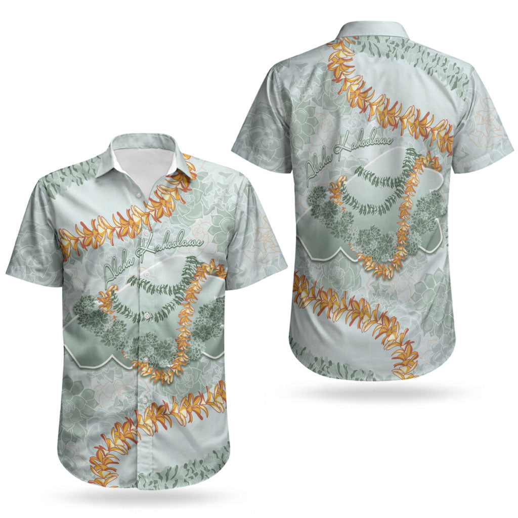 Hawaii Kaho'olawe Island Flowers Lei Couples Matching Short Sleeve Bodycon Dress and Hawaiian Shirt Silver Hinahina Kū Kahakai