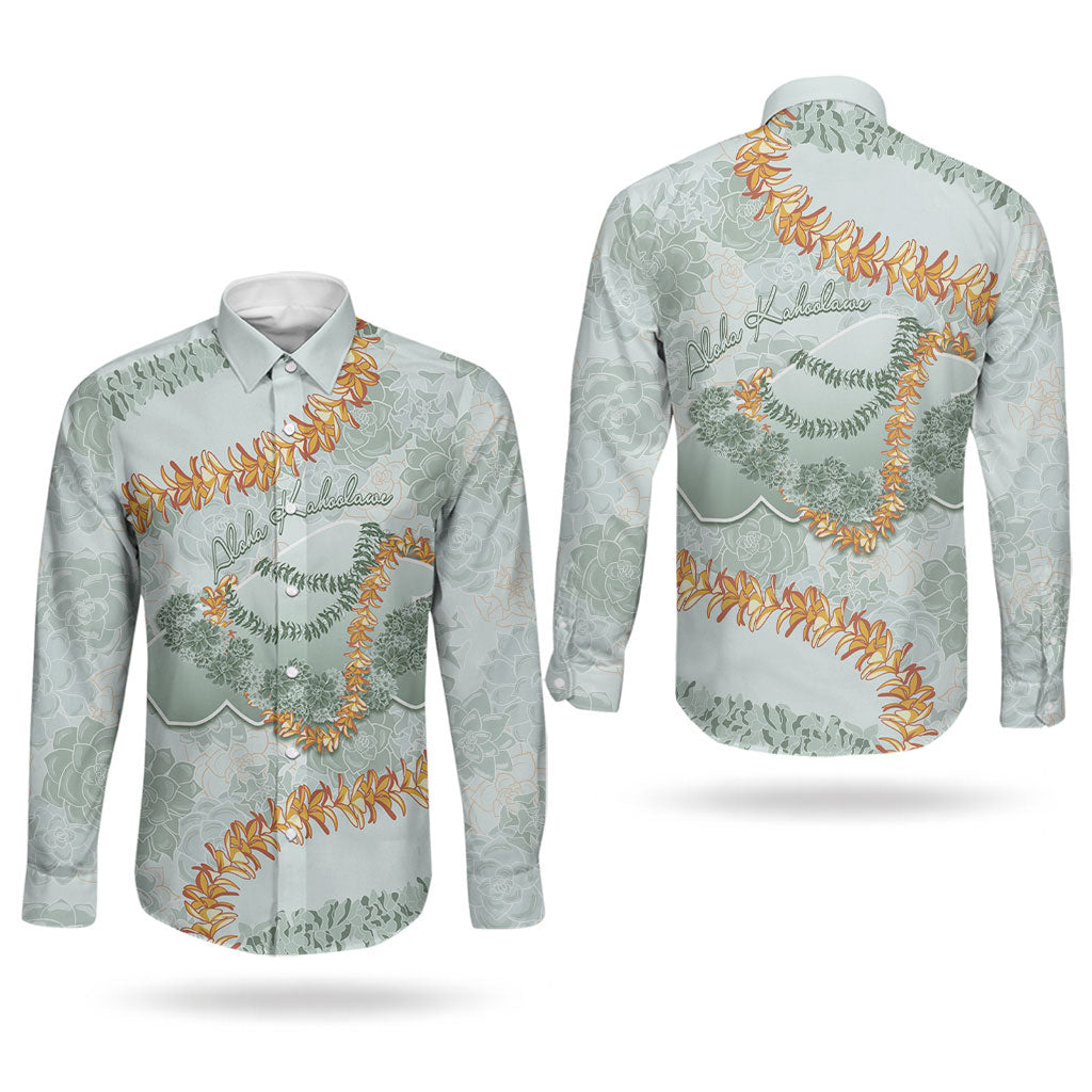 Hawaii Kaho'olawe Island Flowers Lei Couples Matching Short Sleeve Bodycon Dress and Long Sleeve Button Shirt Silver Hinahina Kū Kahakai