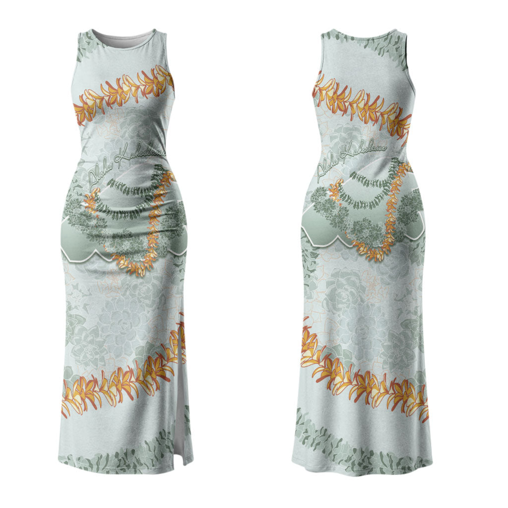 Hawaii Kaho'olawe Island Flowers Lei Couples Matching Tank Maxi Dress and Hawaiian Shirt Silver Hinahina Kū Kahakai