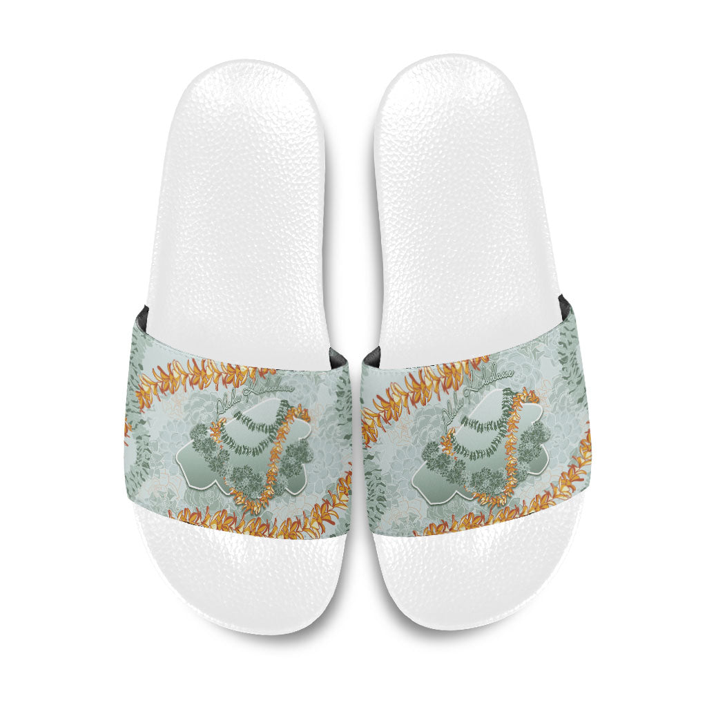 Hawaii Kaho'olawe Island Flowers Lei Slide Sandals Silver Hinahina Kū Kahakai