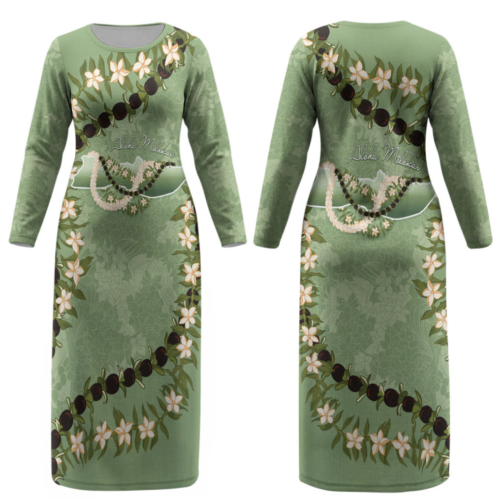 Hawaii Molokai Island Flowers Lei Couples Matching Long Sleeve Bodycon Dress and Long Sleeve Button Shirt Kukui Nut Mossy Green