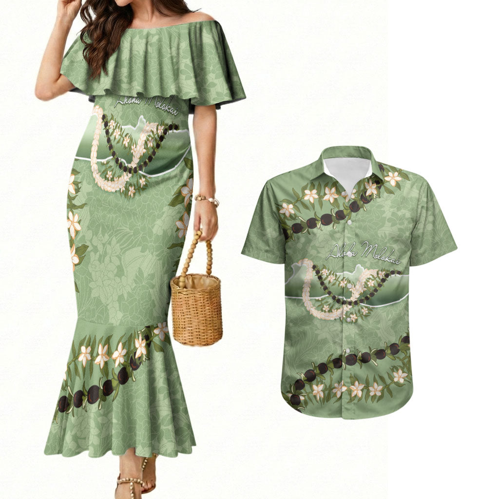 Hawaii Molokai Island Flowers Lei Couples Matching Mermaid Dress and Hawaiian Shirt Kukui Nut Mossy Green