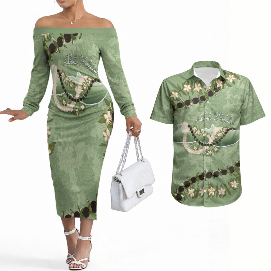 Hawaii Molokai Island Flowers Lei Couples Matching Off The Shoulder Long Sleeve Dress and Hawaiian Shirt Kukui Nut Mossy Green