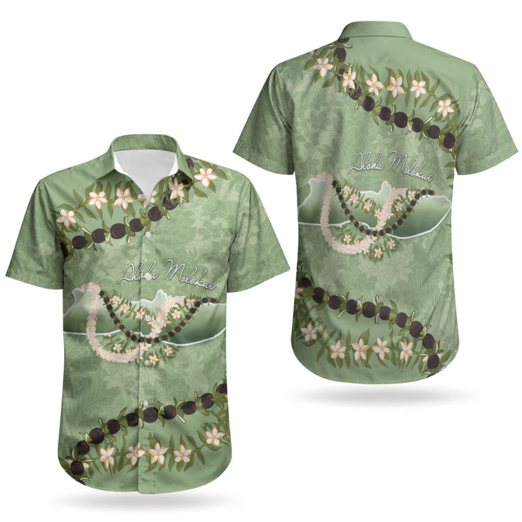 Hawaii Molokai Island Flowers Lei Couples Matching Short Sleeve Bodycon Dress and Hawaiian Shirt Kukui Nut Mossy Green