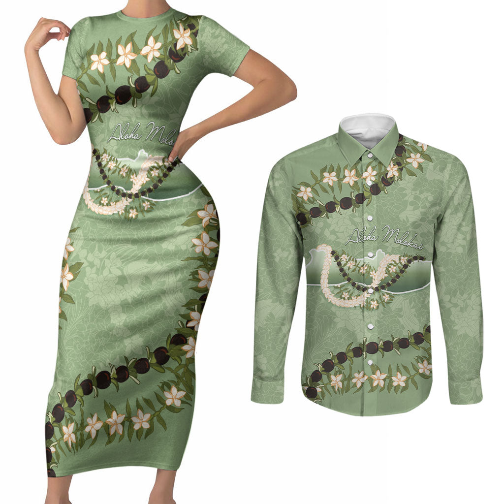 Hawaii Molokai Island Flowers Lei Couples Matching Short Sleeve Bodycon Dress and Long Sleeve Button Shirt Kukui Nut Mossy Green