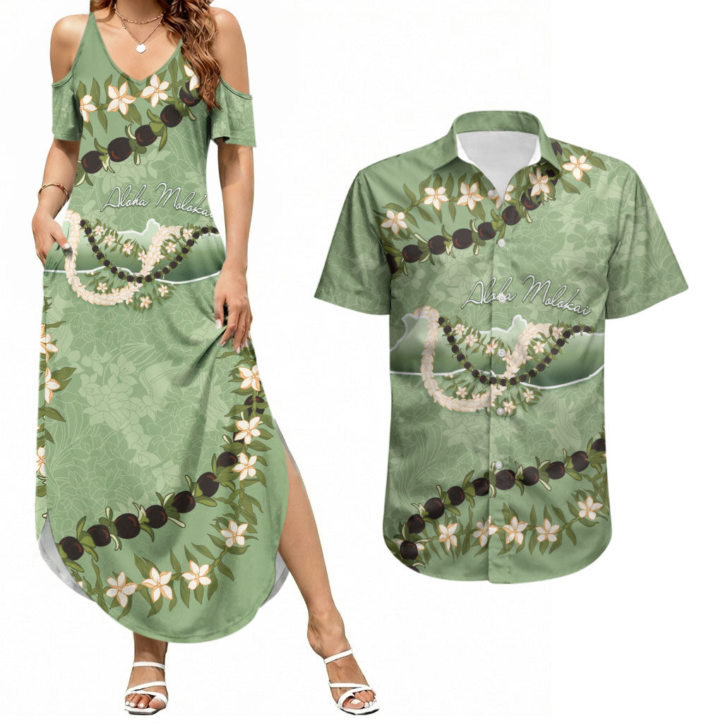 Hawaii Molokai Island Flowers Lei Couples Matching Summer Maxi Dress and Hawaiian Shirt Kukui Nut Mossy Green