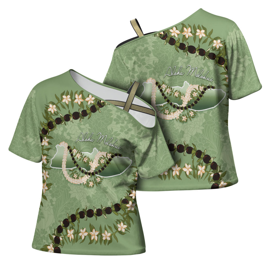 Hawaii Molokai Island Flowers Lei Cross Shoulder Shirt Kukui Nut Mossy Green