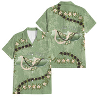 Hawaii Molokai Island Flowers Lei Family Matching Off Shoulder Maxi Dress and Hawaiian Shirt Kukui Nut Mossy Green