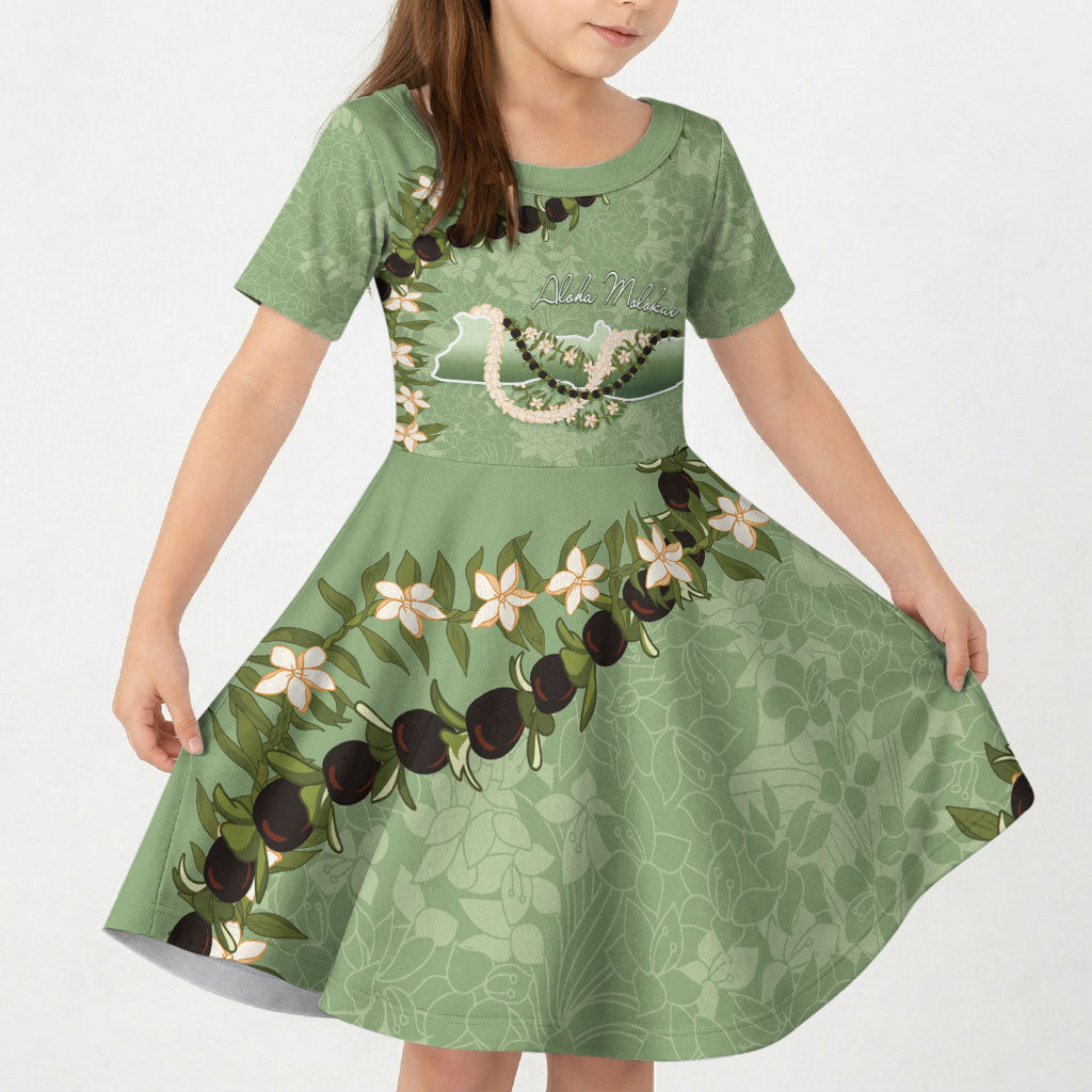 Hawaii Molokai Island Flowers Lei Kid Short Sleeve Dress Kukui Nut Mossy Green