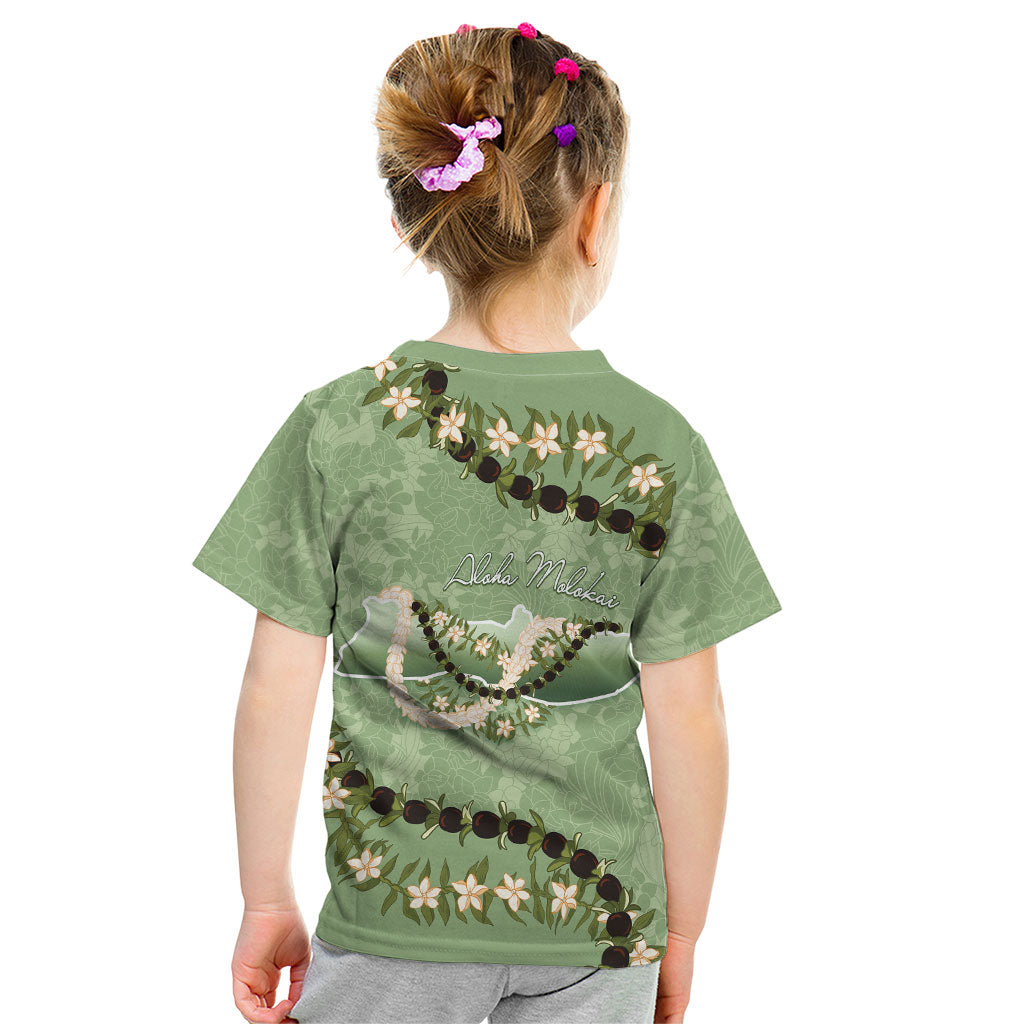 Hawaii Molokai Island Flowers Lei Kid T Shirt Kukui Nut Mossy Green