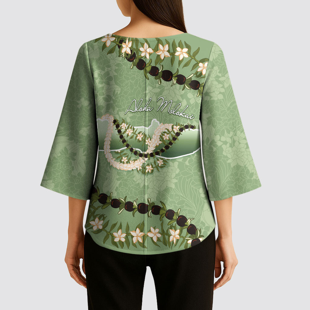 Hawaii Molokai Island Flowers Lei Kimono Sleeve Blouse Kukui Nut Mossy Green