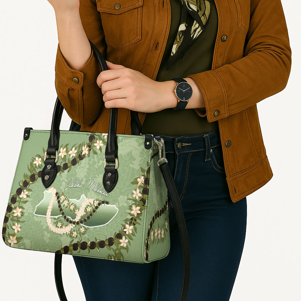 Hawaii Molokai Island Flowers Lei Leather Bag Kukui Nut Mossy Green