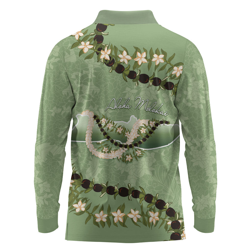 Hawaii Molokai Island Flowers Lei Long Sleeve Polo Shirt Kukui Nut Mossy Green