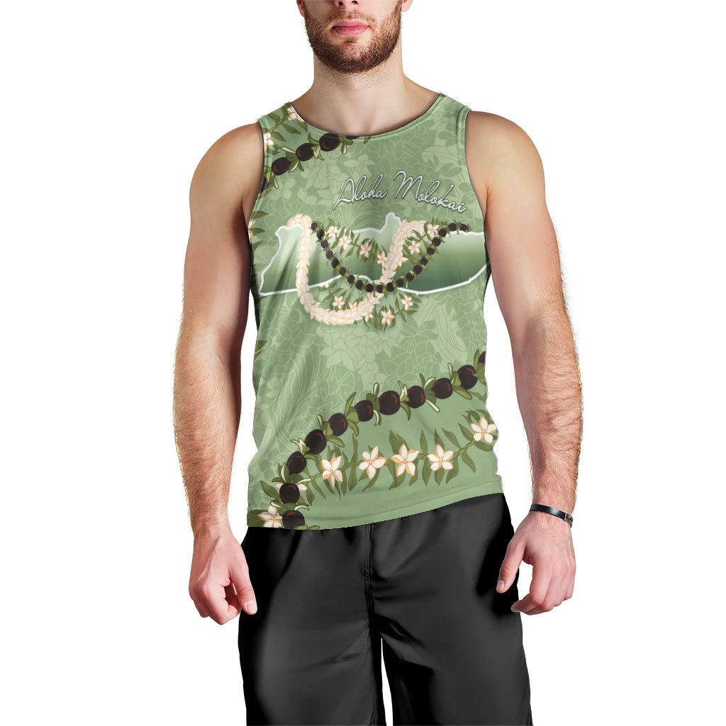 Hawaii Molokai Island Flowers Lei Men Tank Top Kukui Nut Mossy Green