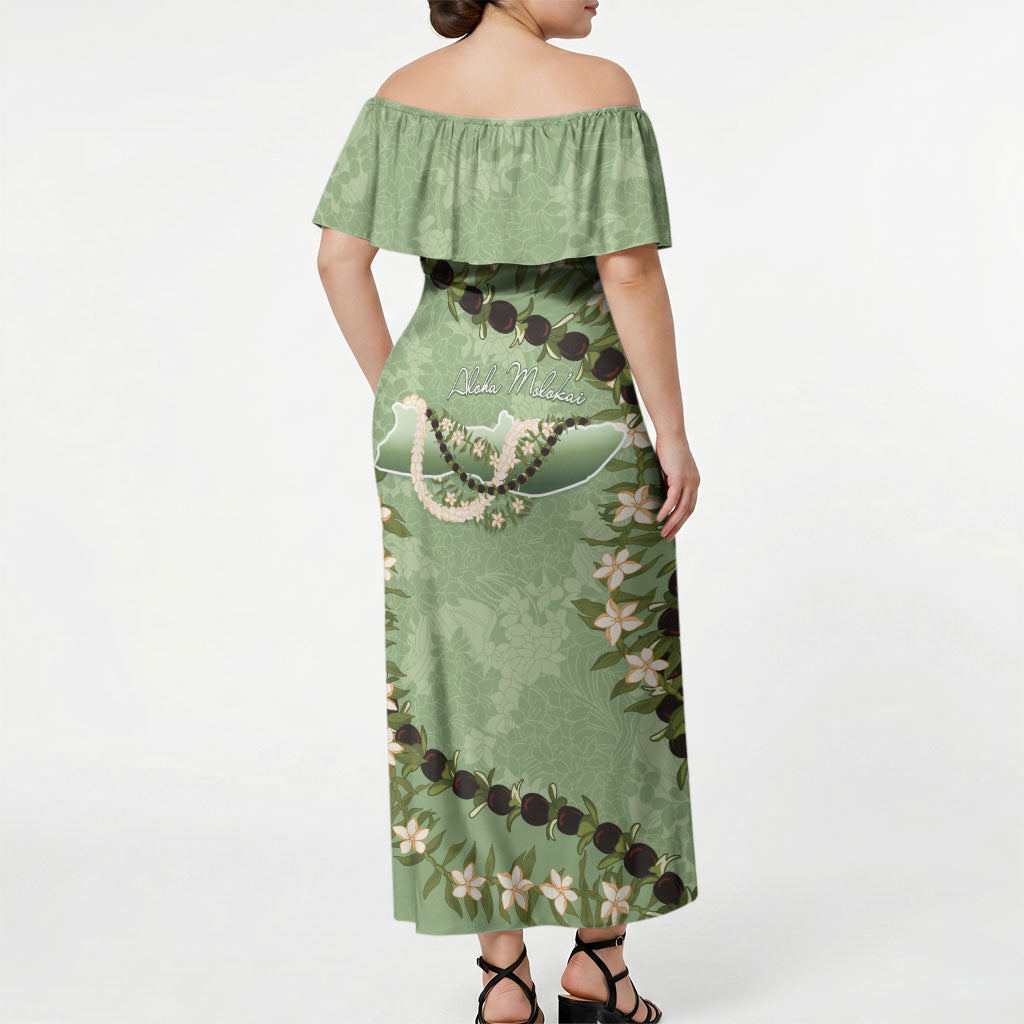 Hawaii Molokai Island Flowers Lei Off Shoulder Maxi Dress Kukui Nut Mossy Green