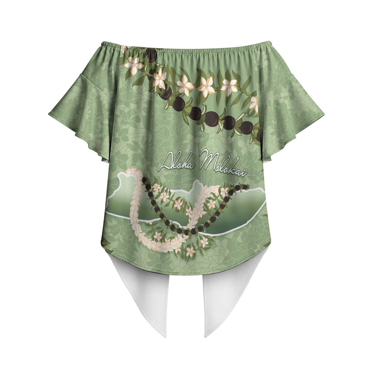Hawaii Molokai Island Flowers Lei Off Shoulder Wrap Waist Top Kukui Nut Mossy Green LT7 - Polynesian Pride