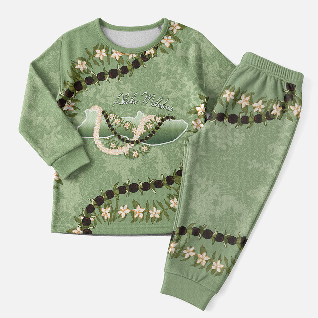 Hawaii Molokai Island Flowers Lei Christmas Pajama Set Kukui Nut Mossy Green