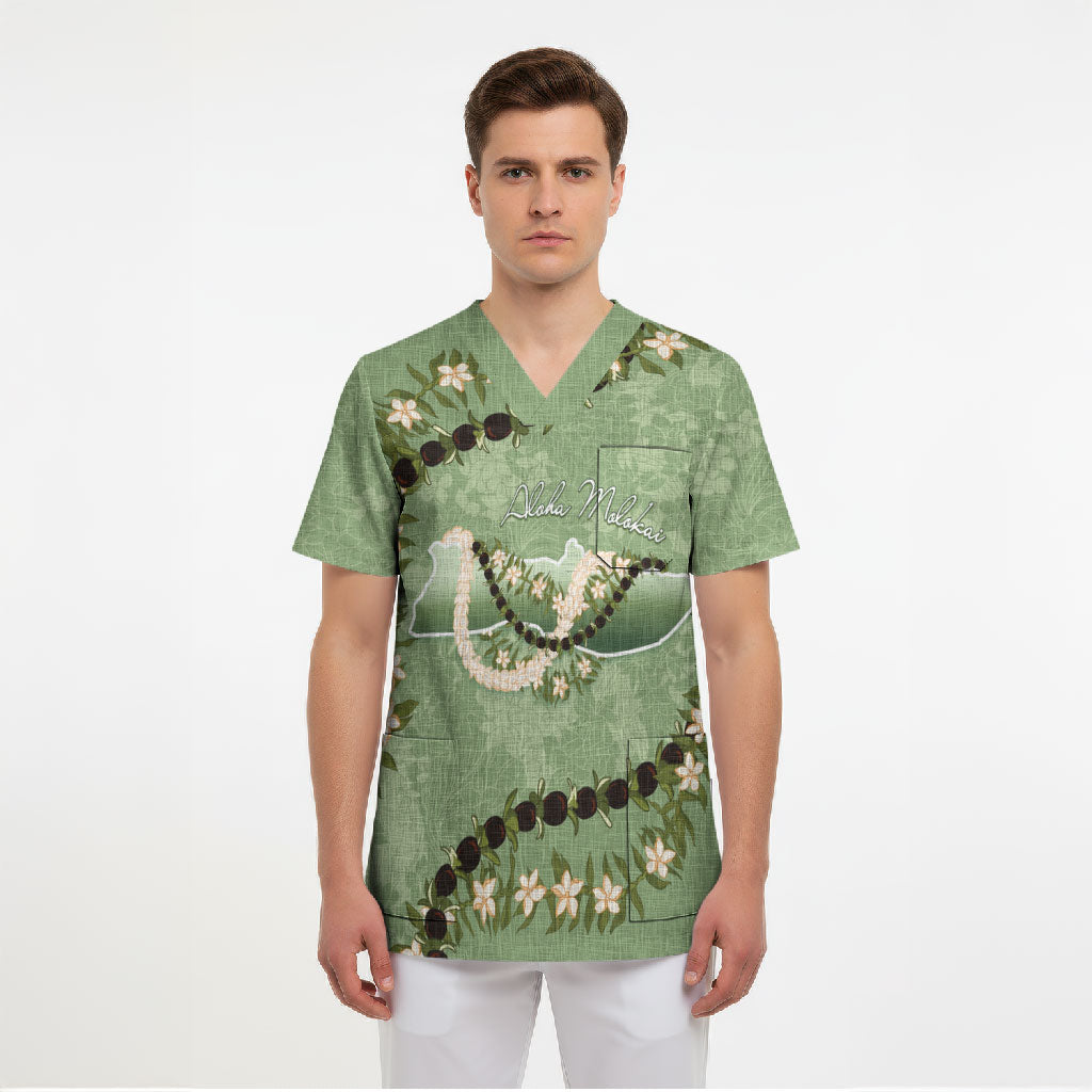 Hawaii Molokai Island Flowers Lei Scrub Top Kukui Nut Mossy Green