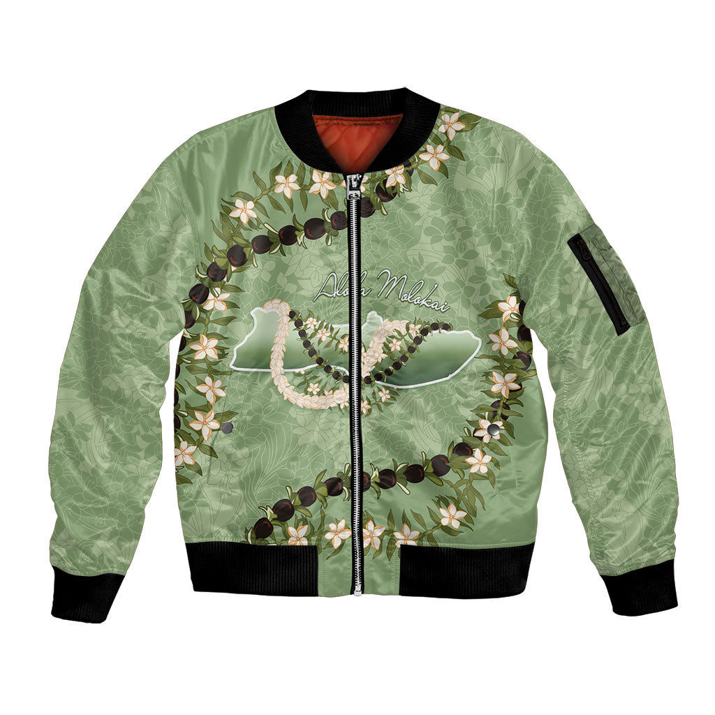 Hawaii Molokai Island Flowers Lei Sleeve Zip Bomber Jacket Kukui Nut Mossy Green