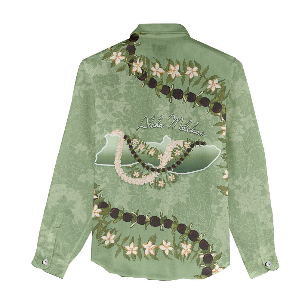 Hawaii Molokai Island Flowers Lei Women Casual Shirt Kukui Nut Mossy Green