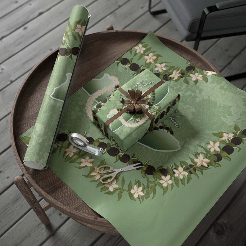 Hawaii Molokai Island Flowers Lei Wrapping Paper Kukui Nut Mossy Green