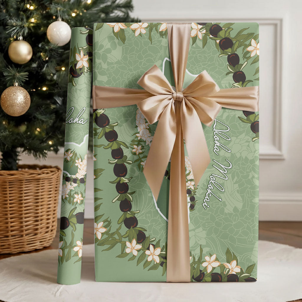 Hawaii Molokai Island Flowers Lei Wrapping Paper Kukui Nut Mossy Green