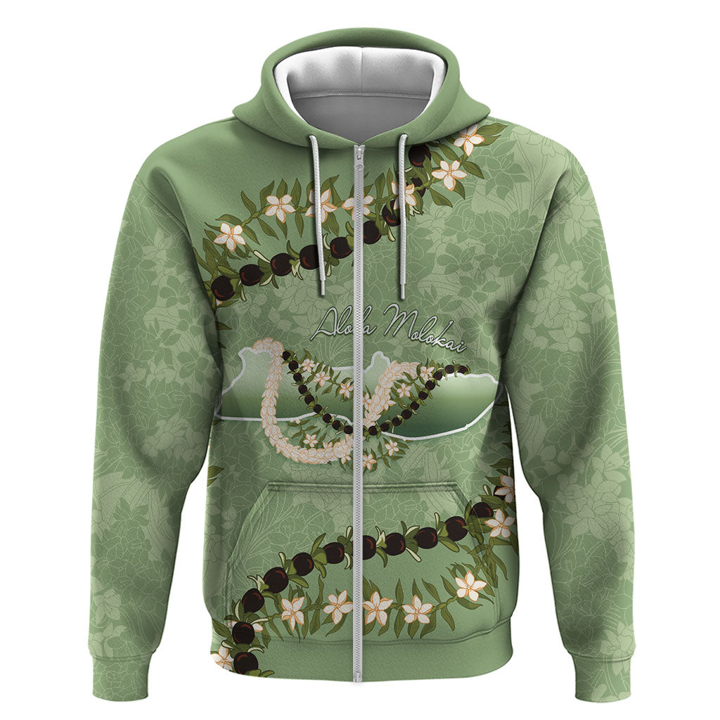Hawaii Molokai Island Flowers Lei Zip Hoodie Kukui Nut Mossy Green