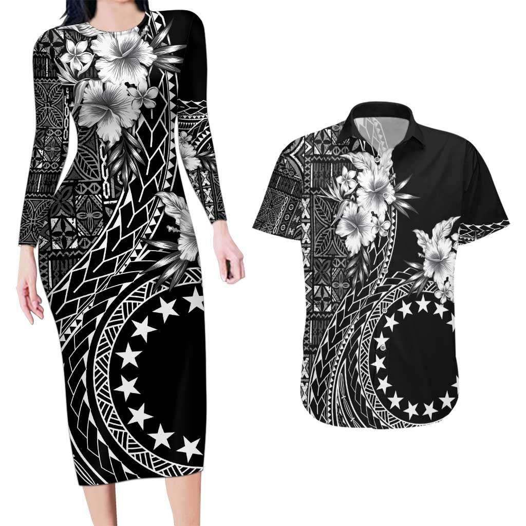 Kia Orana Cook Islands Couples Matching Long Sleeve Bodycon Dress and Hawaiian Shirt Tiare and Stars