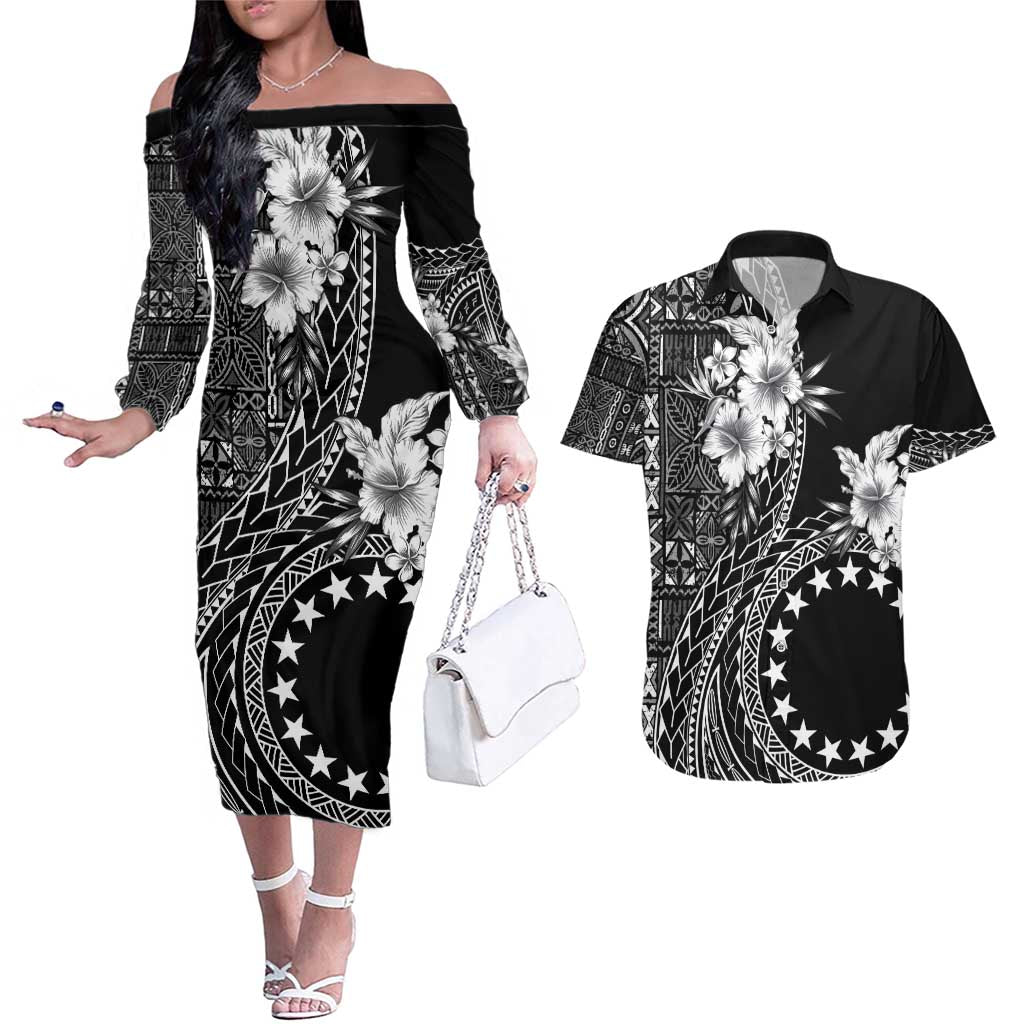 Kia Orana Cook Islands Couples Matching Off The Shoulder Long Sleeve Dress and Hawaiian Shirt Tiare and Stars LT7 Black - Polynesian Pride