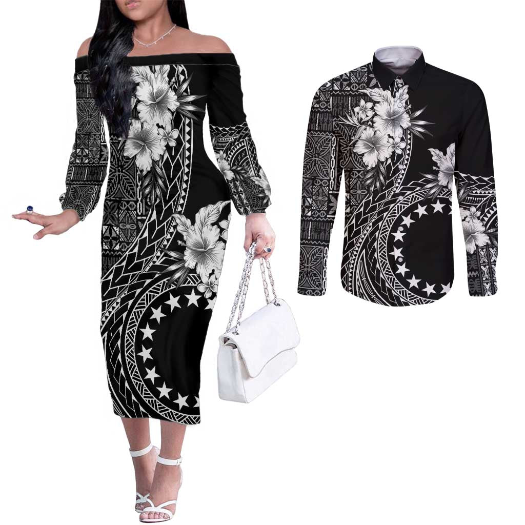 Kia Orana Cook Islands Couples Matching Off The Shoulder Long Sleeve Dress and Long Sleeve Button Shirt Tiare and Stars LT7 Black - Polynesian Pride