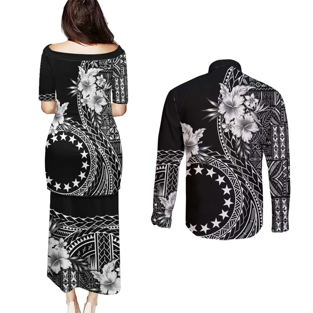 Kia Orana Cook Islands Couples Matching Puletasi and Long Sleeve Button Shirt Tiare and Stars LT7 - Polynesian Pride