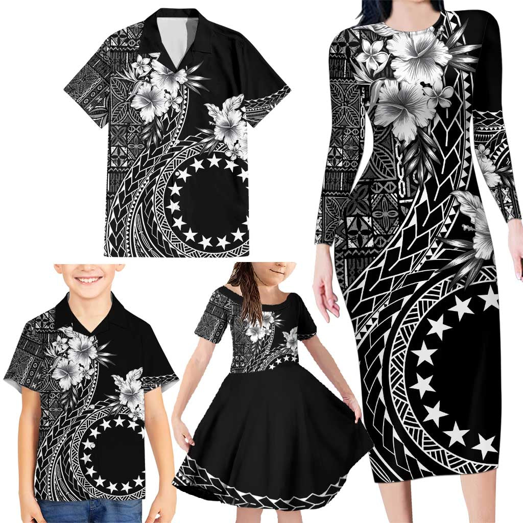 Kia Orana Cook Islands Family Matching Long Sleeve Bodycon Dress and Hawaiian Shirt Tiare and Stars LT7 - Polynesian Pride
