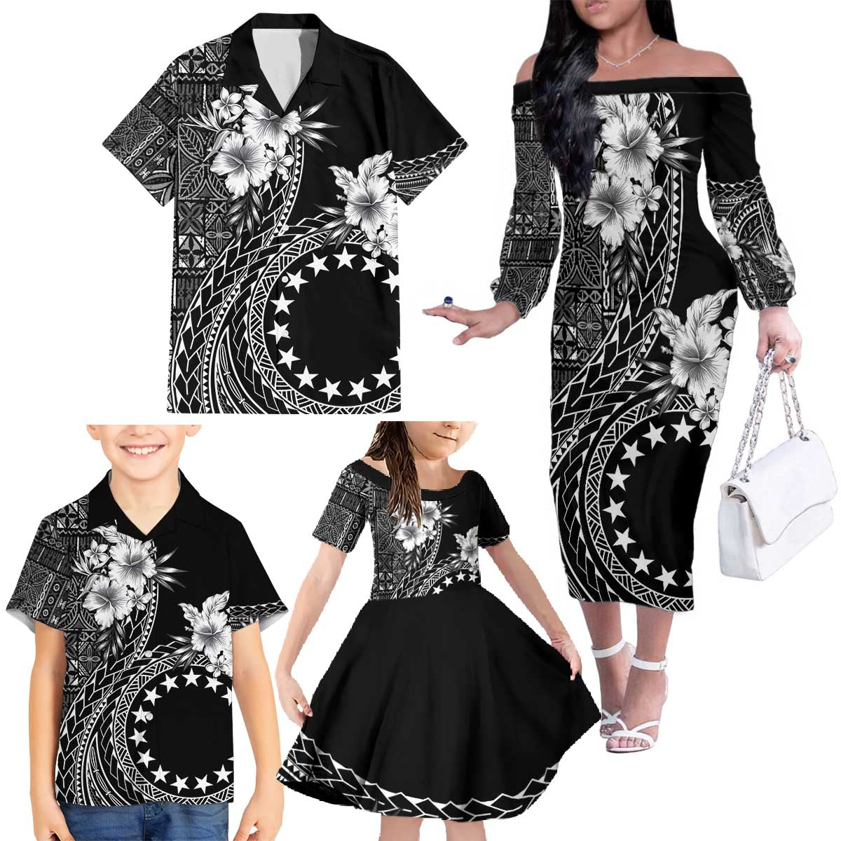 Kia Orana Cook Islands Family Matching Off The Shoulder Long Sleeve Dress and Hawaiian Shirt Tiare and Stars LT7 - Polynesian Pride
